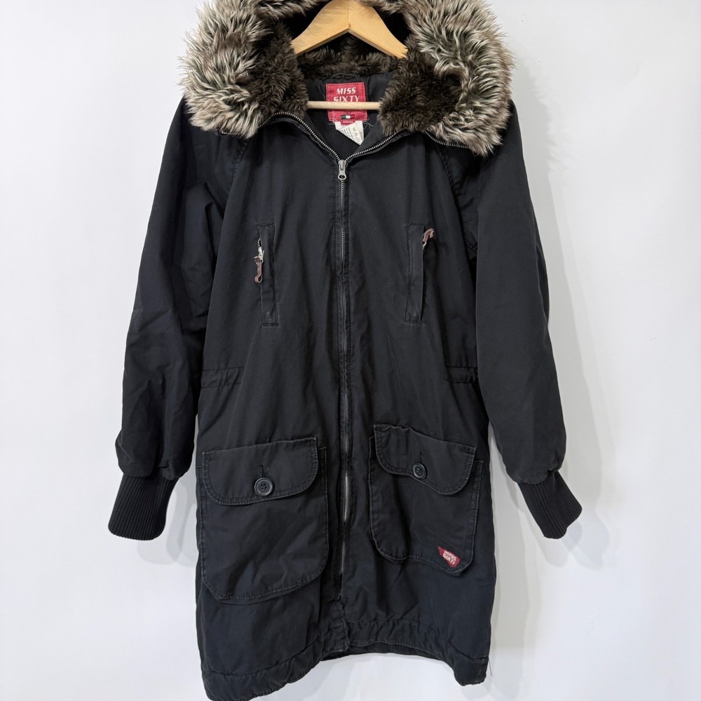 Miss Sixty Black Zip Front Parka Coat Size Medium Faux Fur Hood‎ Pockets